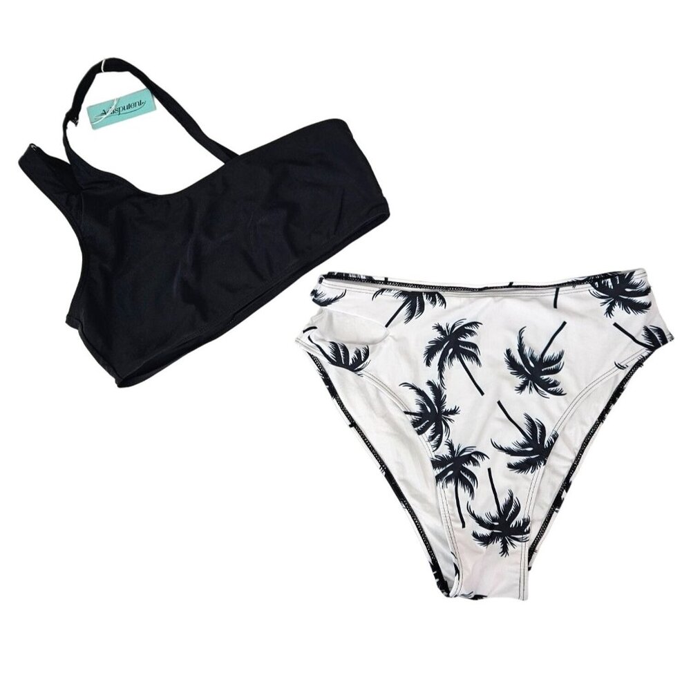 Womens XL Black & White Palm Tree High Waisted Bikini Set Asymmetric Top Sexy